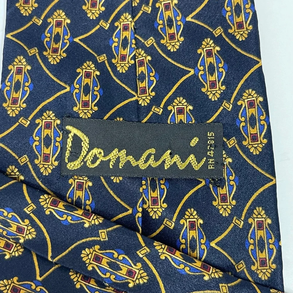 Vintage Domani Necktie Tie Navy Gold Geometric Medallion Italian Silk USA Made